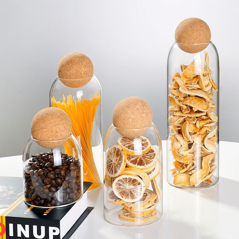 Ribbed Cork Ball Glass Storage Jar