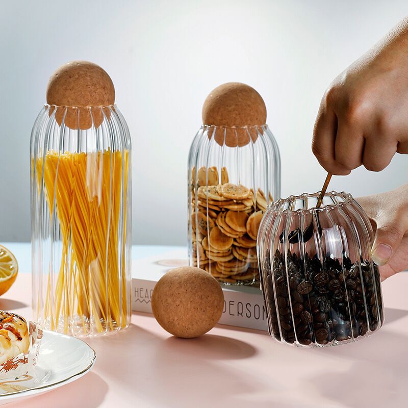 Ribbed Cork Ball Glass Storage Jar