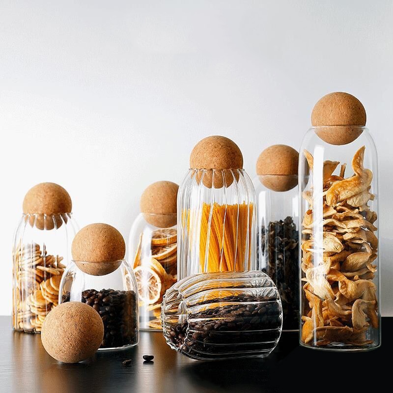 Ribbed Cork Ball Glass Storage Jar